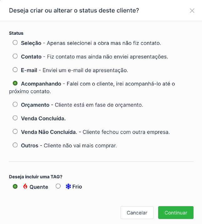 Janela de status do feedback com as opções Seleção, Contato, E-mail, Acompanhando, Orçamento e Venda Concluída